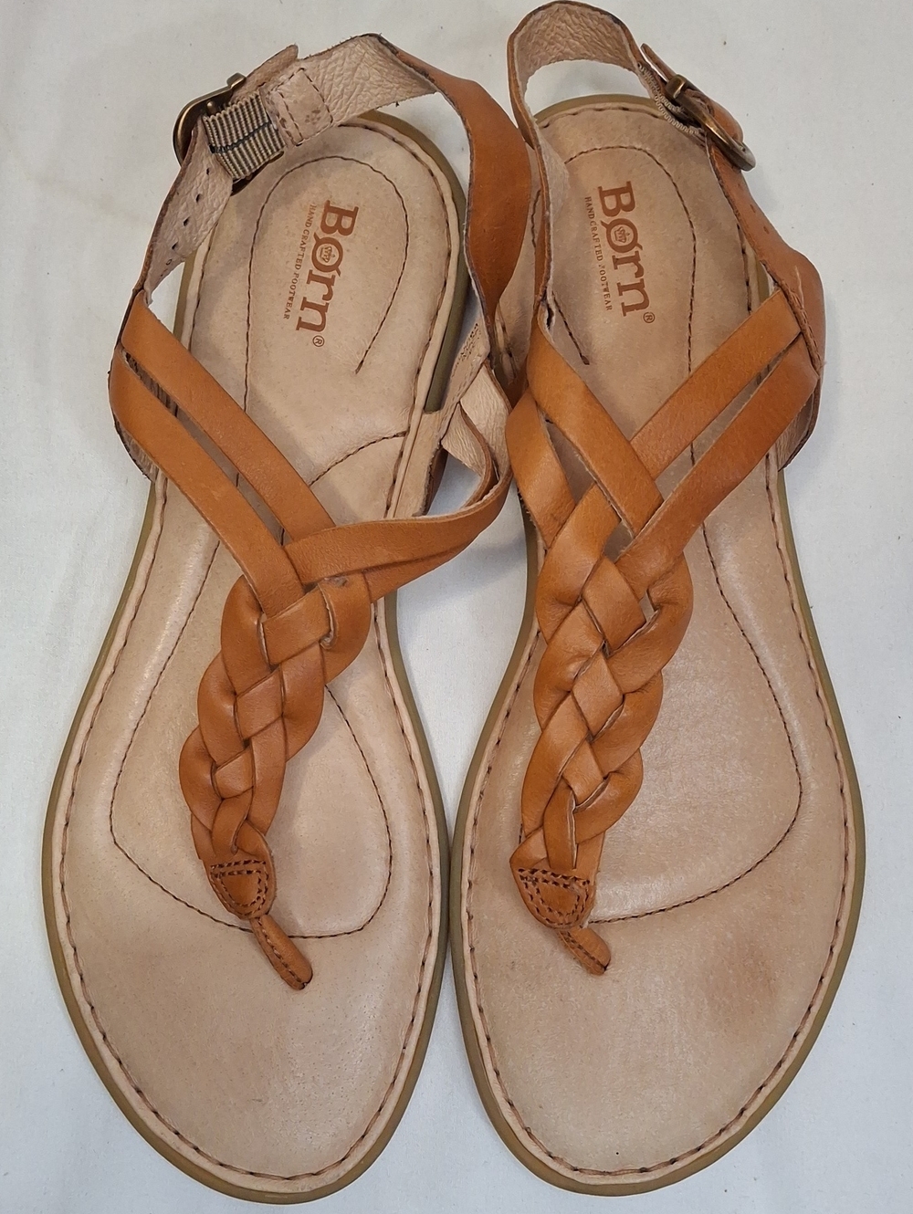 Born Women’s Cognac Braided Leather T-Strap Slip On Sandals.
